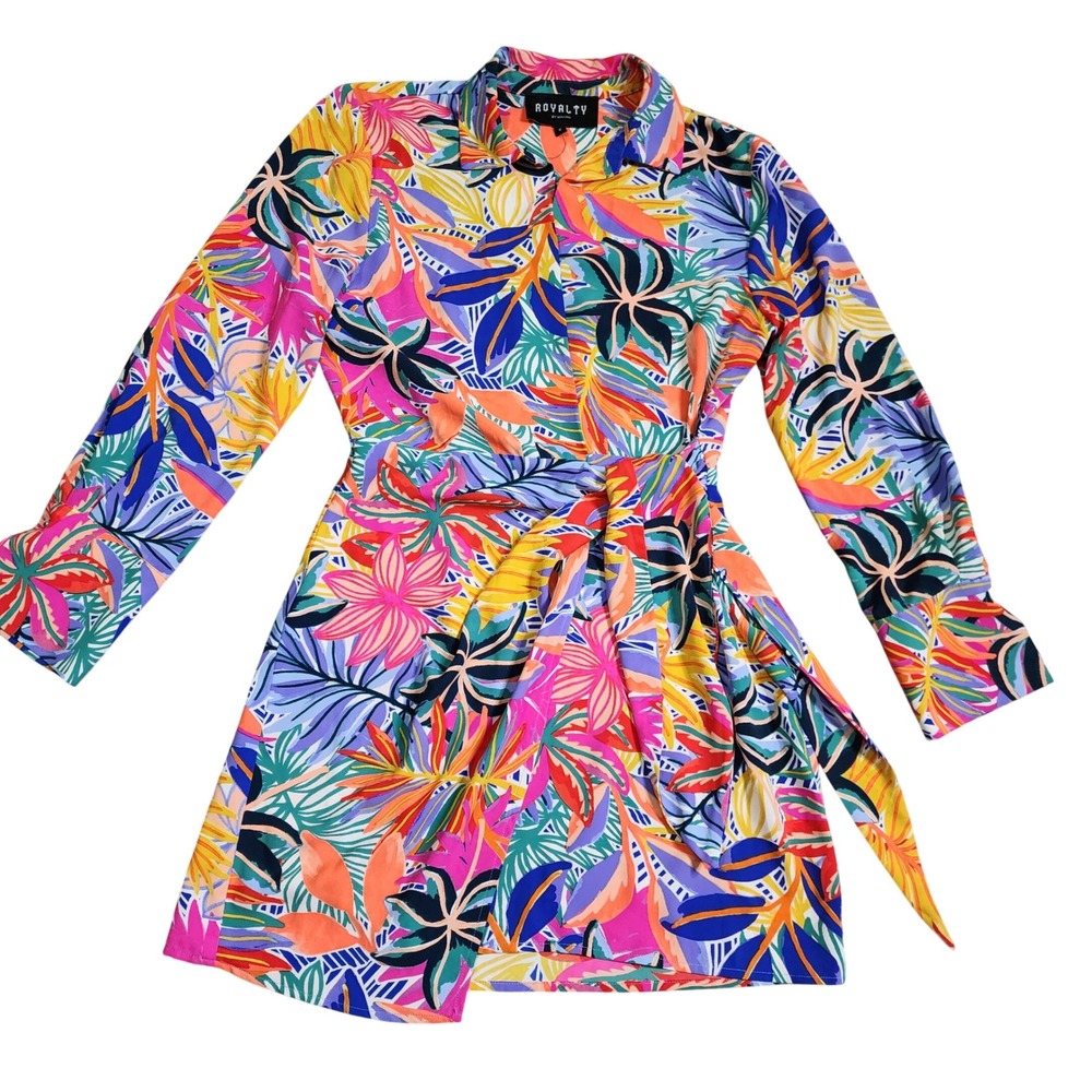 Royalty by Maluma Women Tropical Floral Wrap Shirt Mini Dress Multicolor Size 6